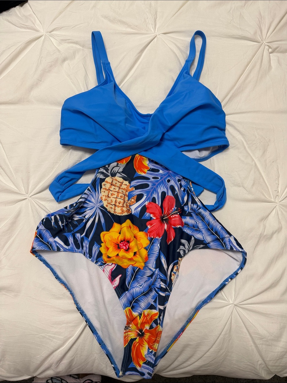 Blue Floral Women’s One-Piece Swimsuit with Cross-Front Top